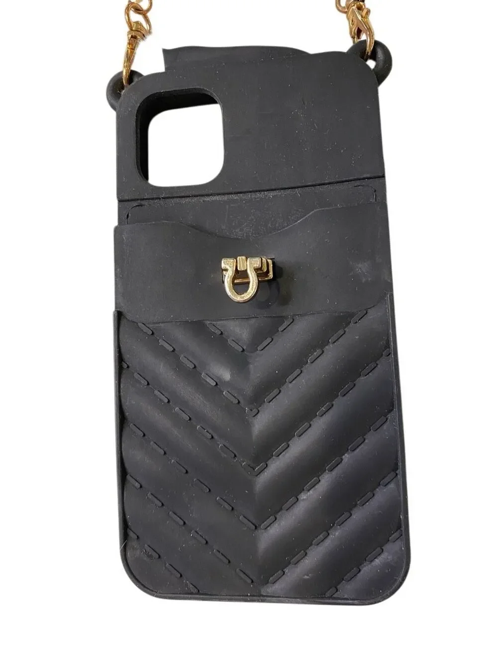 Flawed Black Quilted Crossbody iPhone 11 Case Wallet Chain Card Holder Silicone